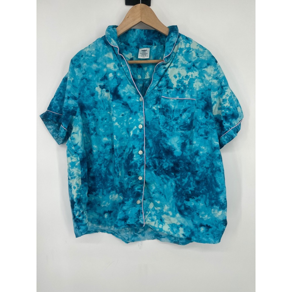 Lands End Pajama 2 Pc Set Womens 1X Blue Tie Dye Button Top Pants Loungewear - Picture 2 of 11
